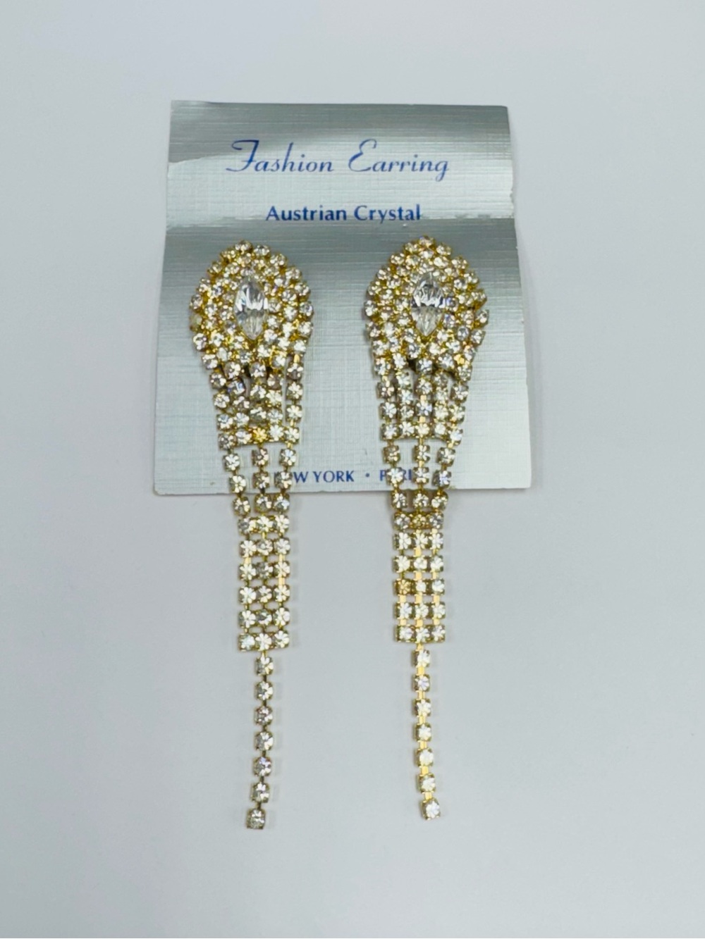 Vintage 90s Austrian Crystal Rhinestone Clip-On Dangle Earrings Gold Tone Glam